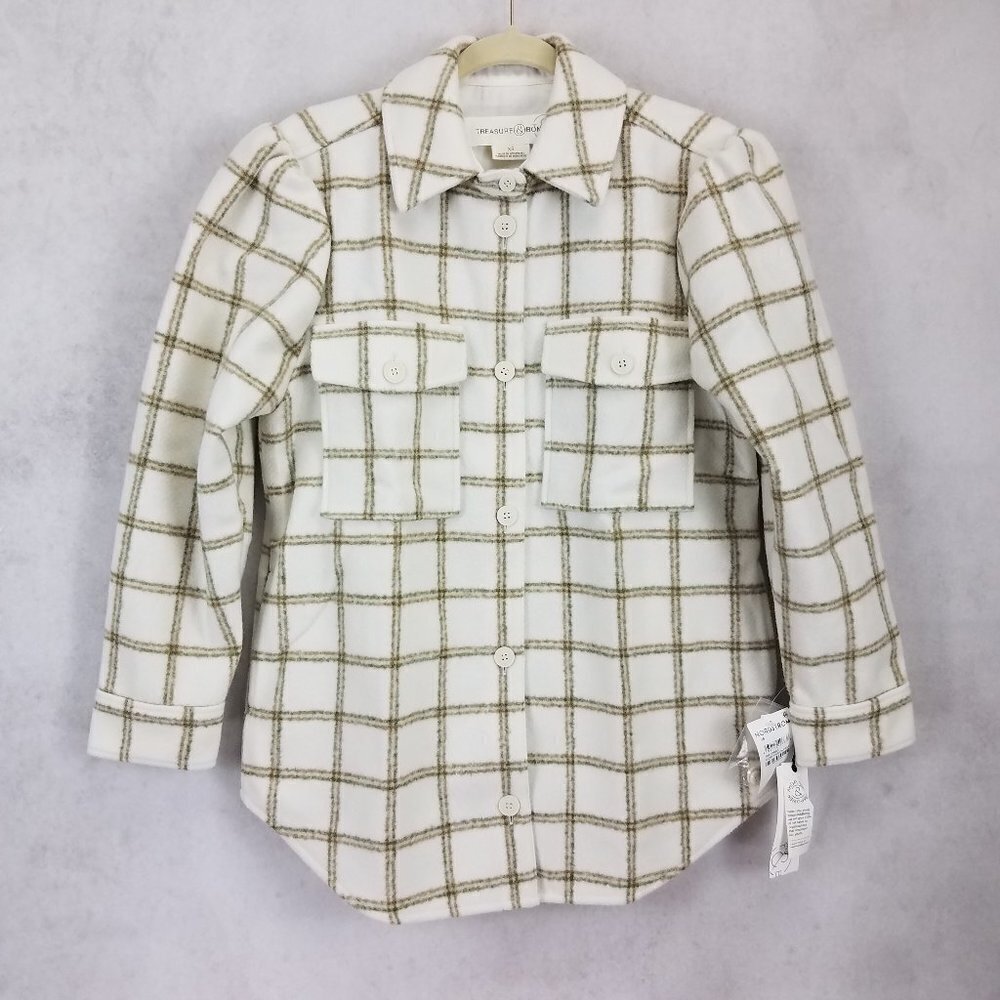 NEW Treasure & Bond Nordstrom Size XS Flannel Shacket Shirt Jacket in Ivory Pane